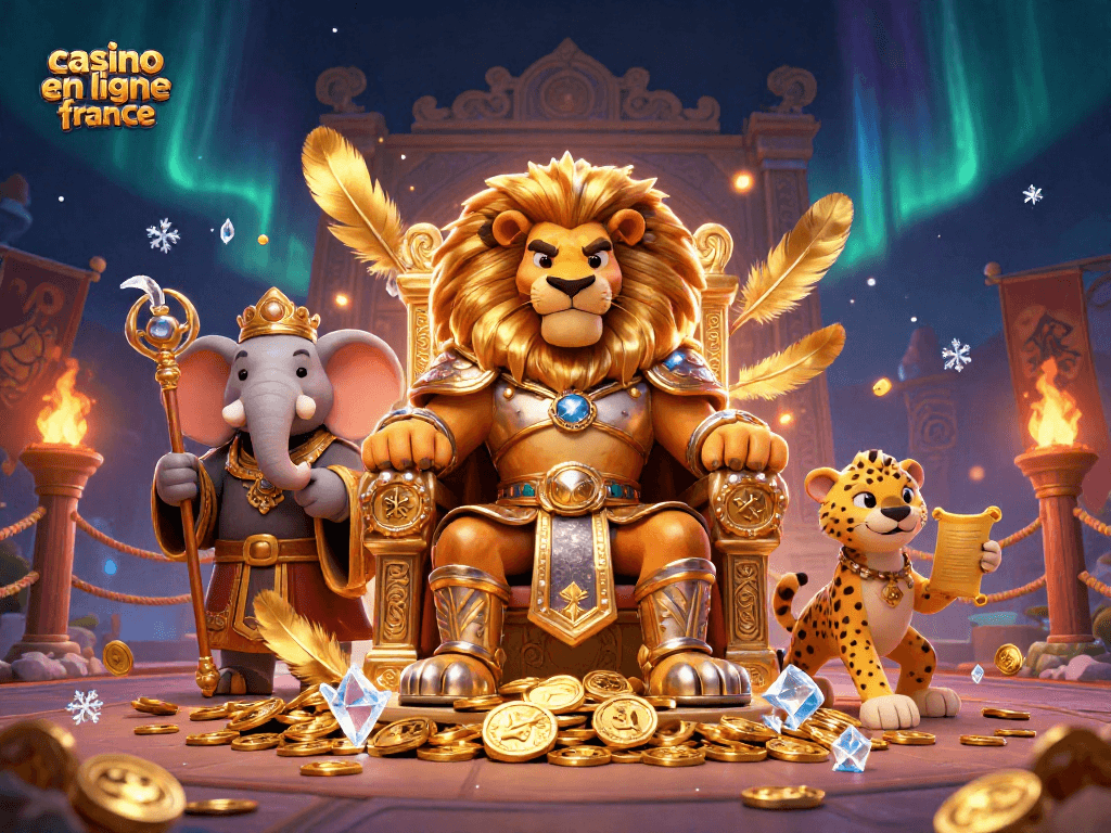 Plonger dans l'univers du casino en ligne France avec des personnages captivants autour d'un trône en pièces d'or.