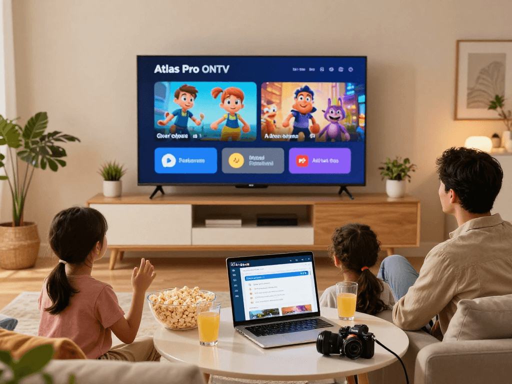 Famille utilisant l'application Atlas Pro pour une soirée cinéma à domicile