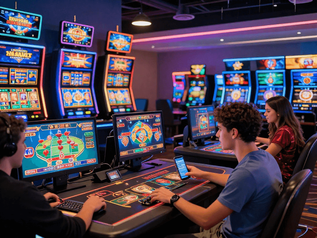 Scène de jeu dynamique sur un site casino en ligne avec des amis profitant des jeux modernes, ambiance colorée et excitante.