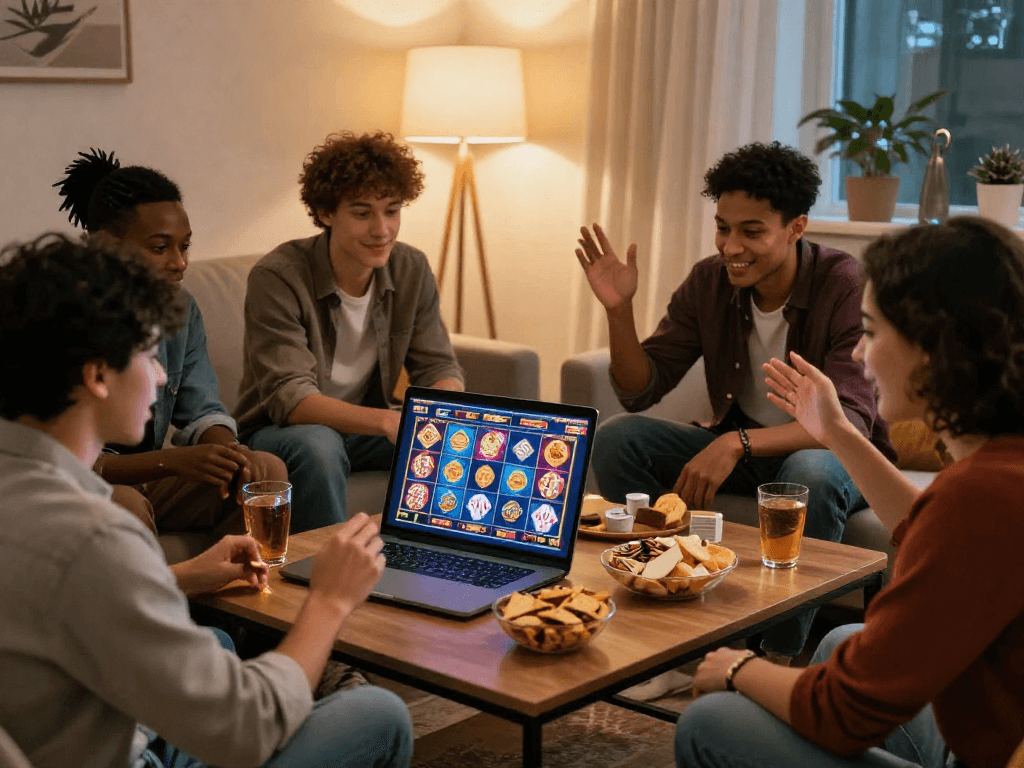 Groupe d'amis jouant à des jeux de casino en ligne en France dans un cadre convivial.
