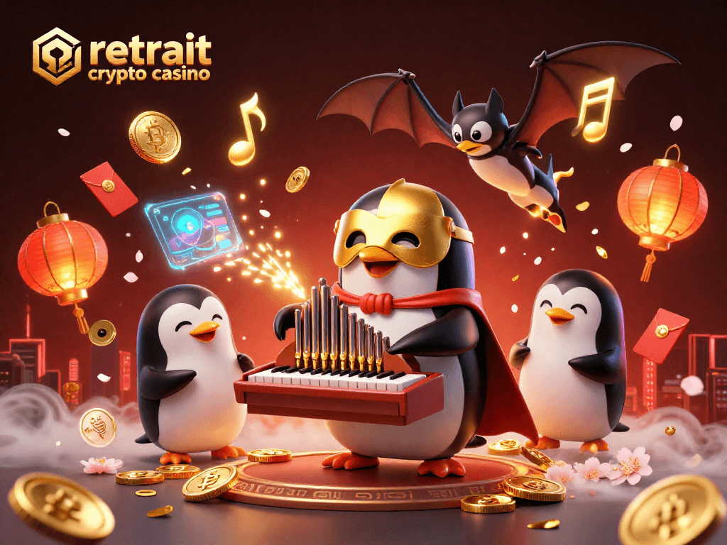Retrait crypto casino : illustrations dynamiques avec un pingouin jouant de l'orgue, pièces et éléments blockchain