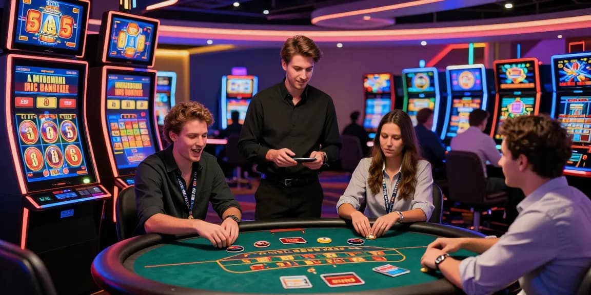 Ambiance de site casino en ligne avec joueurs engagés, machines à sous et roulette.