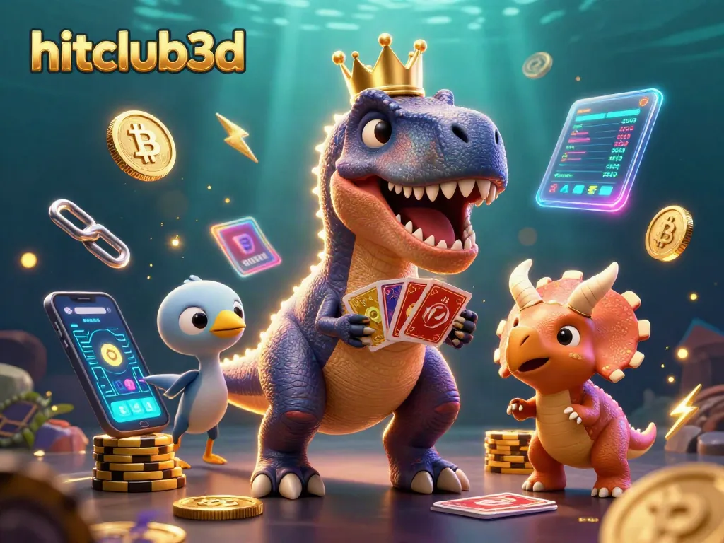Engage with hitclub3d as a T-Rex shuffles cards amidst vibrant crypto elements.