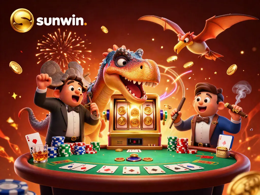Experience excitement at sunwin. with a dinosaur-themed jackpot celebration, featuring dynamic casino elements and vibrant colors.