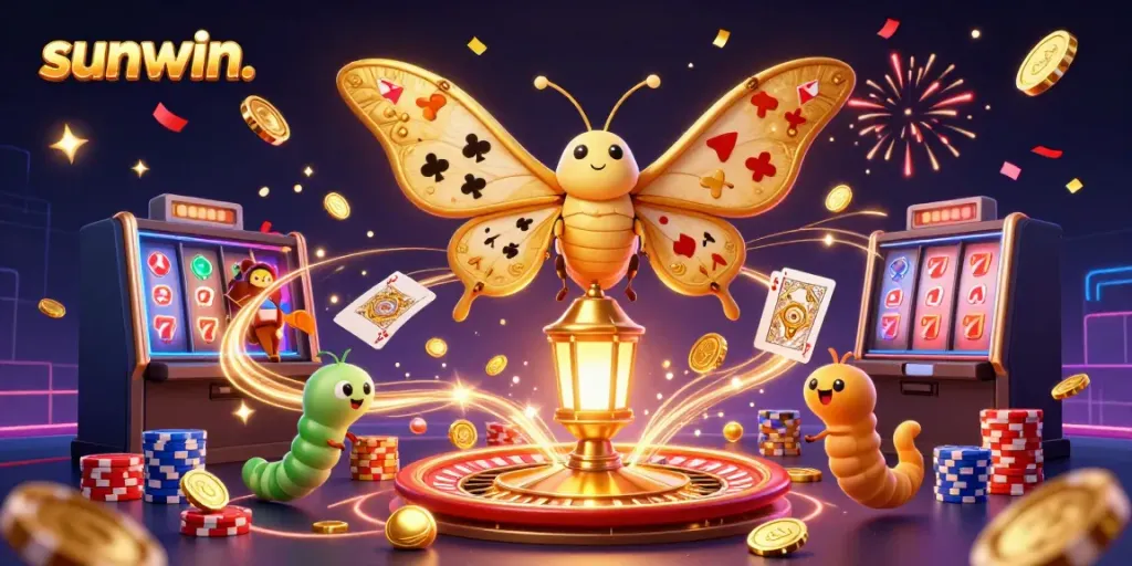Experience the thrill of casino gaming with sunwin.'s captivating 3D illustration featuring a golden moth and casino elements.