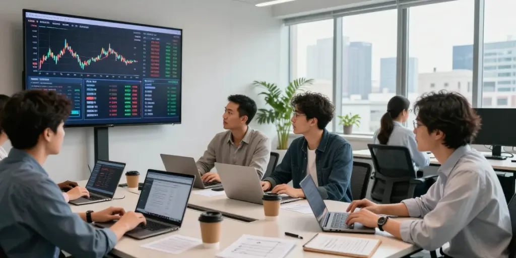 Collaboration autour de la plateforme Couponeau dans un bureau moderne, mettant en avant un trading assisté par IA.