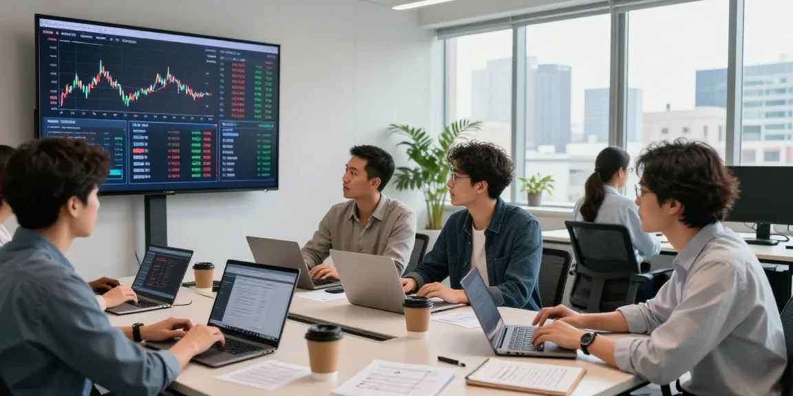 Collaboration autour de la plateforme Couponeau dans un bureau moderne, mettant en avant un trading assisté par IA.