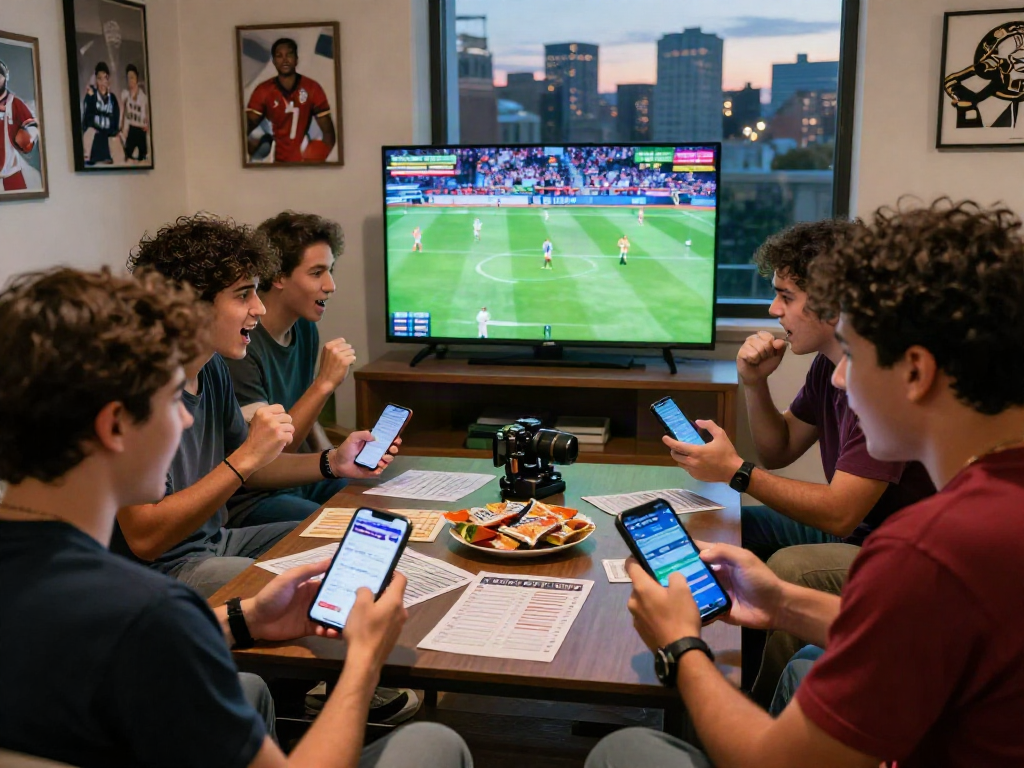Amis analysant les meilleurs sites de paris sportifs autour d'une table, ambiance excitante.