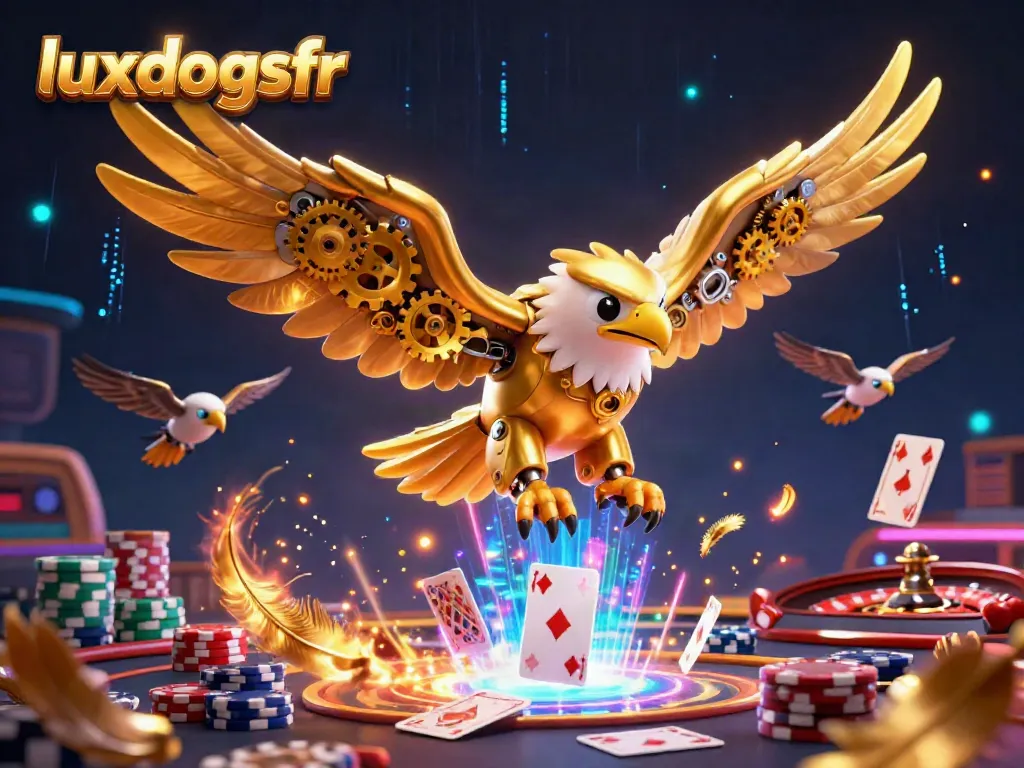 Experience the excitement of luxdogsfr as cybernetic eagles dive through a vibrant casino scene filled with playing cards.