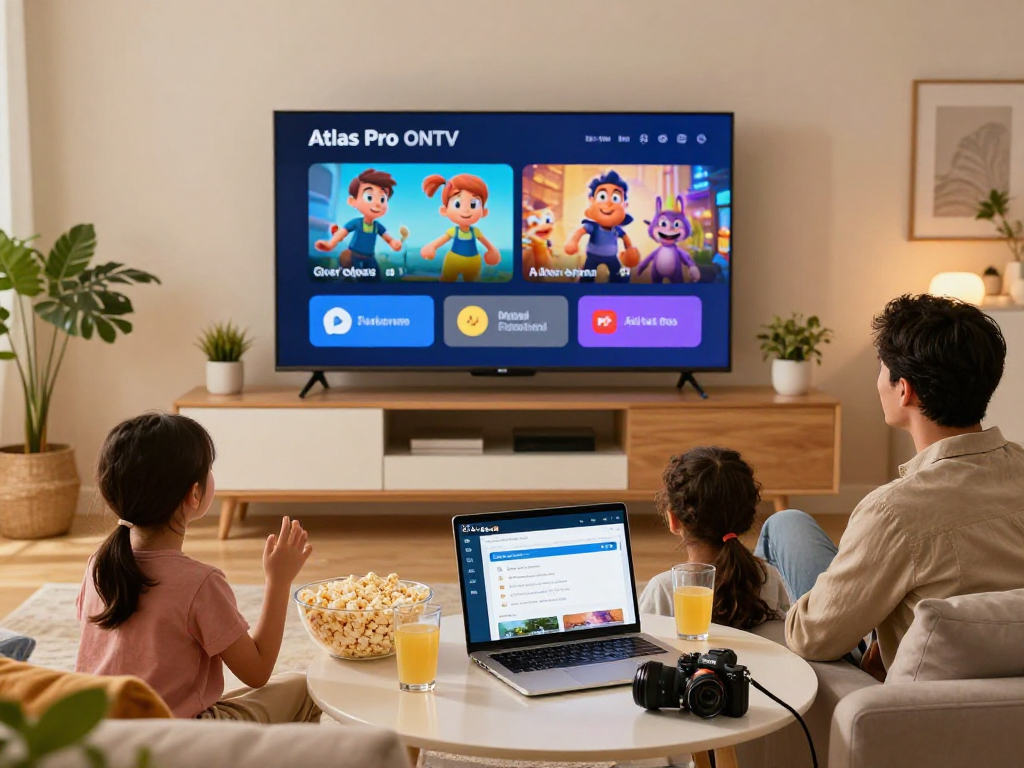 Famille utilisant l'application Atlas Pro pour une soirée cinéma à domicile