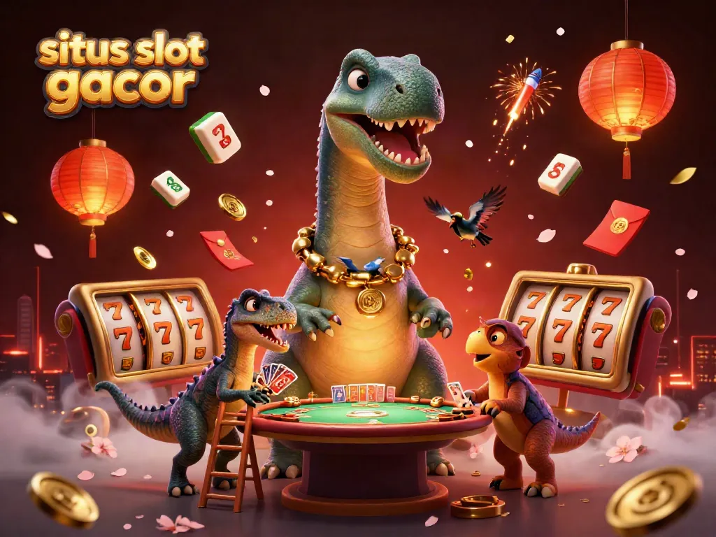 Engage in the thrilling world of situs slot gacor with a whimsical 3D illustration featuring a dinosaur dealing casino cards.