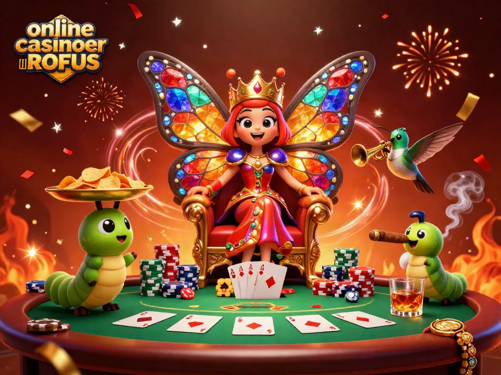 Experience the vibrant scene of online casinoer uden ROFUS with a magical butterfly queen and poker elements.
