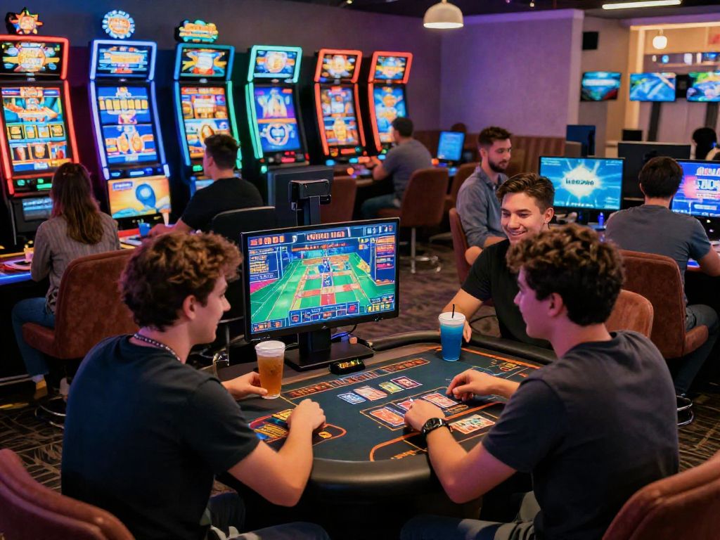 Les joueurs profitent des jeux d'argent et de l'excitation des casinos en ligne, entourés d'écrans colorés et d'une ambiance chaleureuse.