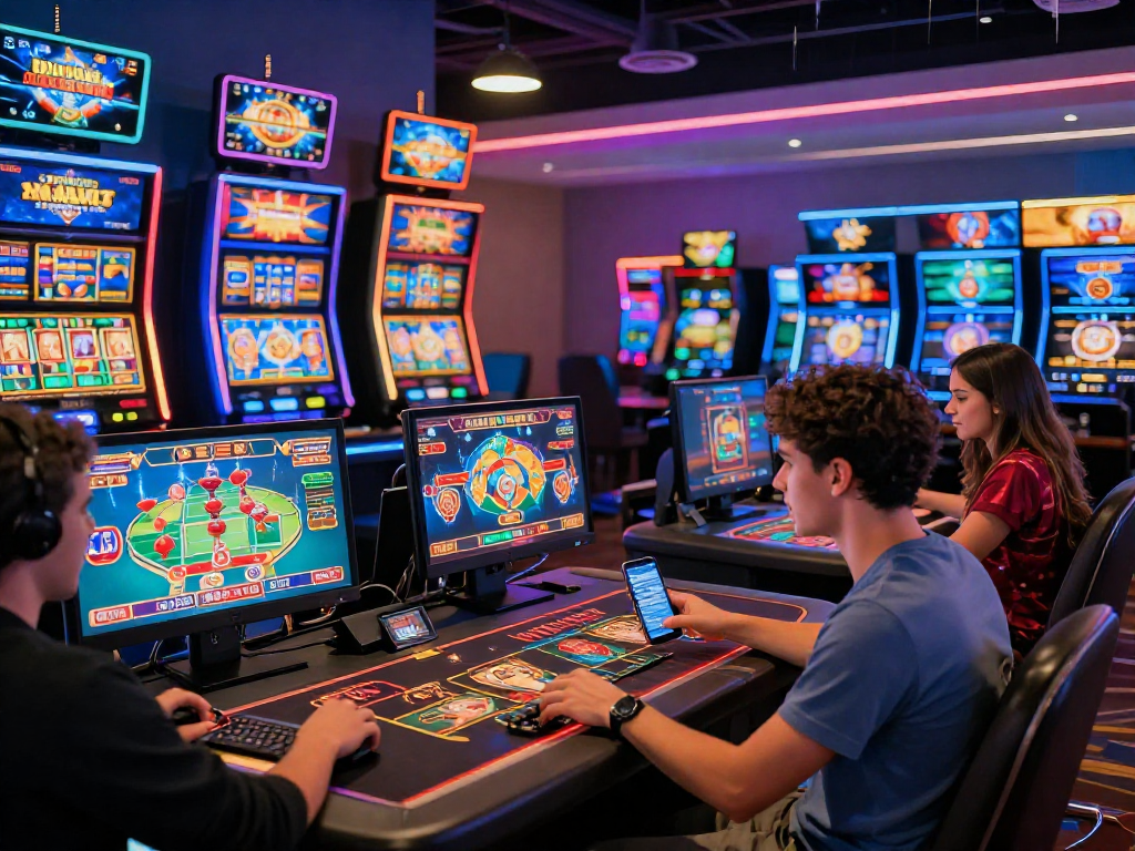 Scène de jeu dynamique sur un site casino en ligne avec des amis profitant des jeux modernes, ambiance colorée et excitante.