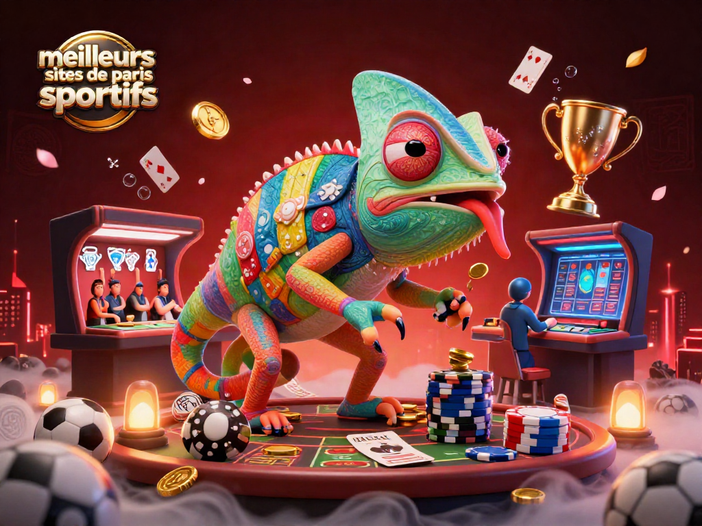 Pariez sur les meilleurs sites de paris sportifs avec ce visuel captivant animé par un caméléon propriétaire de casino.