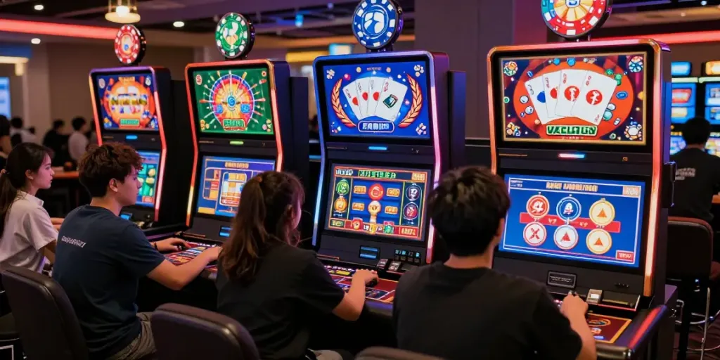 Expérience de casino en ligne sans dépôt avec joueurs heureux interagissant sur leurs appareils.