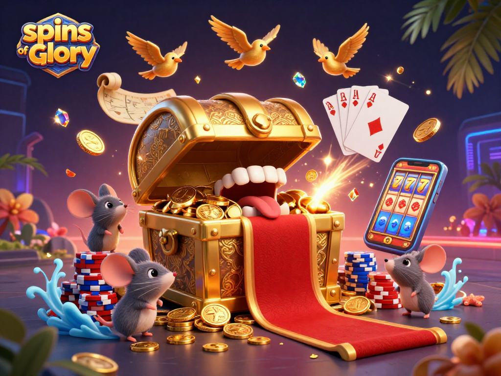 Experience spins of glory as adventurer mice encounter a treasure chest among dazzling casino elements.
