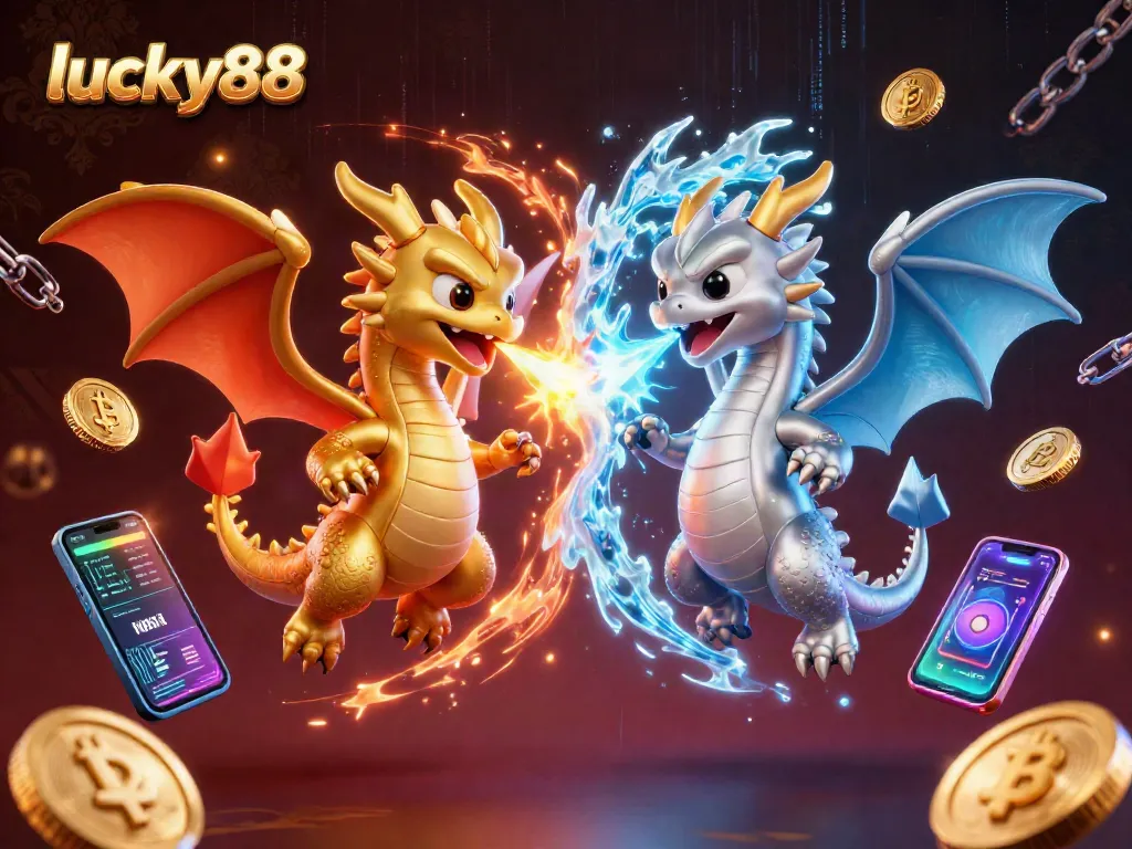 Experience thrilling gaming at lucky88 with dynamic dragons amidst crypto symbols and vibrant casino elements.