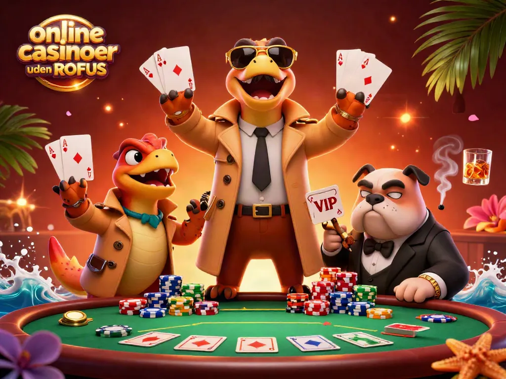 Engaging scene of online casinoer uden ROFUS featuring cartoon raptors in disguise at a poker table.