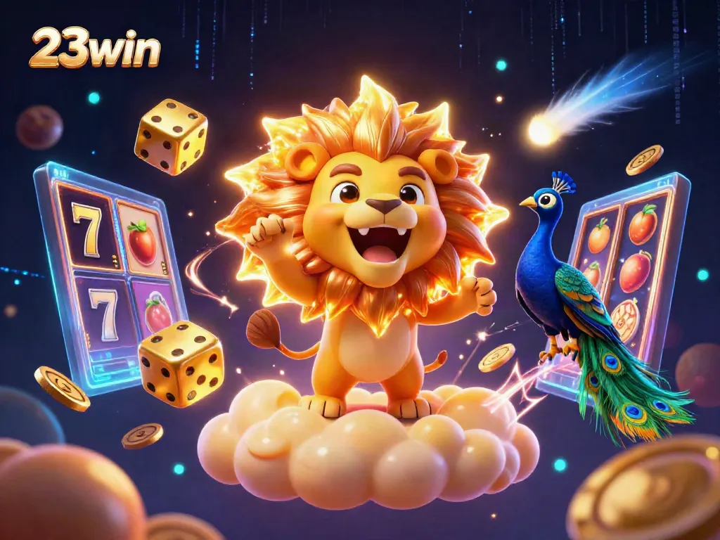 Engage with 23win's thrilling environment showcasing vibrant slot games, with a powerful sun lion character surrounded by energetic casino elements.