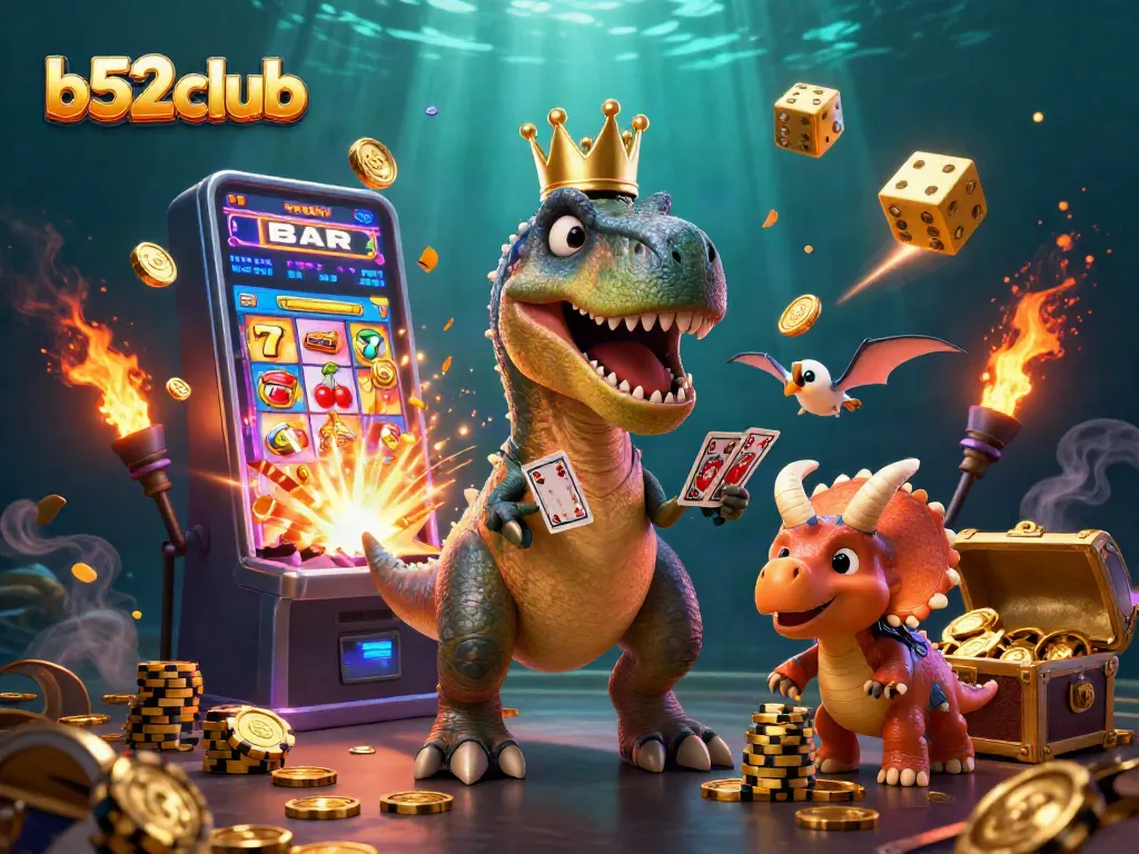 b52club players enjoying a thrilling casino scene with cartoon dinosaurs and jackpot elements