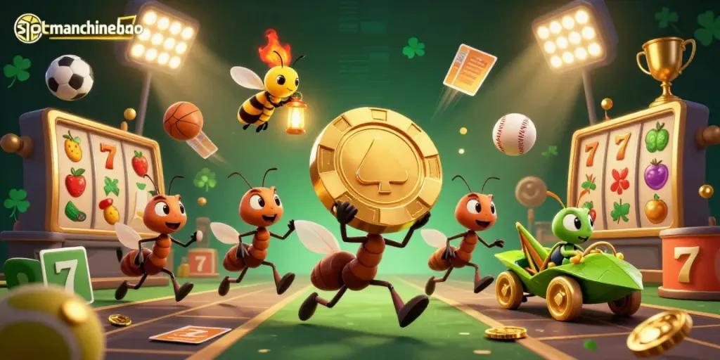 Slotmachinedemo features a cartoon heist scene with ants and gambling elements in a dynamic 3D illustration.