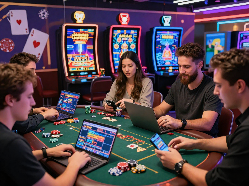 Joueurs s'engageant avec casino en ligne France sur leurs appareils, illustrant l'excitation du jeu d'argent réel en 2026.