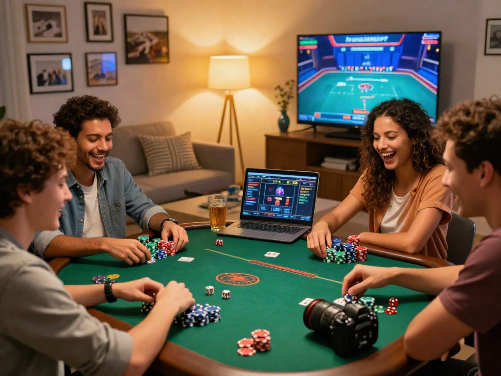 Les amis s'amusent avec les jeux de casinos en ligne dans un salon accueillant.