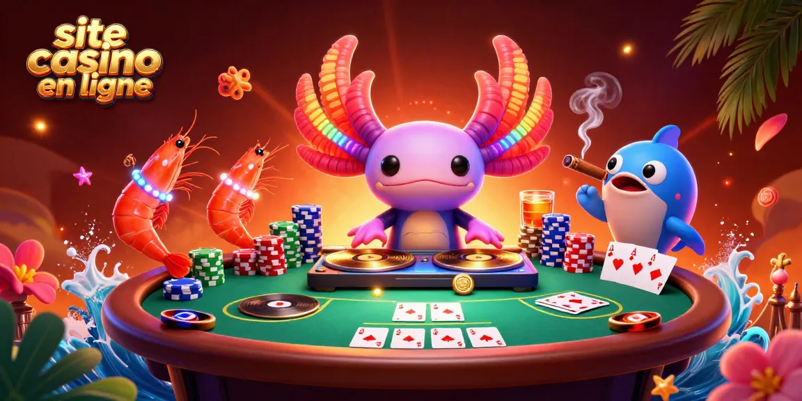 Animation colorée d'un site casino en ligne avec un DJ axolotl et des éléments de poker interactifs.
