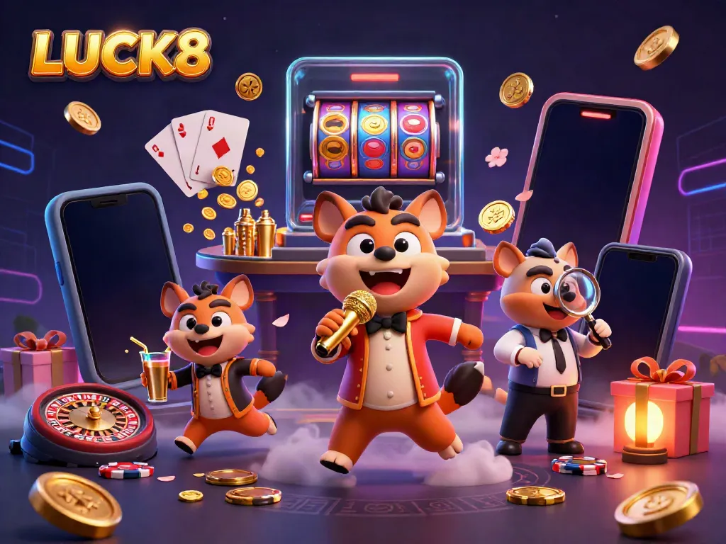 Experience the lively LUCK8 comedy casino with hyenas, showcasing slot games and drinks in a vibrant 3D scene.
