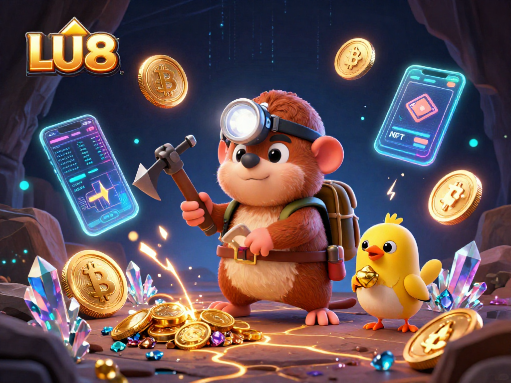 LU88 treasure hunt scene with vibrant 3D characters mining gems amidst cryptocurrency elements