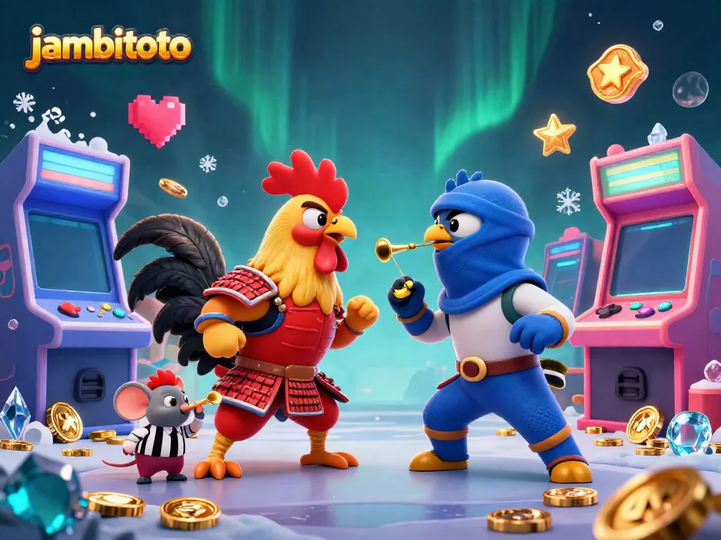 Engage in thrilling action at Jambitoto with roosters in a combat scene filled with gaming elements.