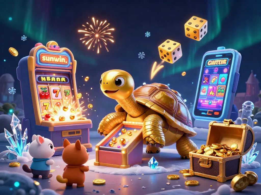 Engage with exciting games at sunwin., featuring a golden tortoise pinball machine amidst vibrant casino elements.