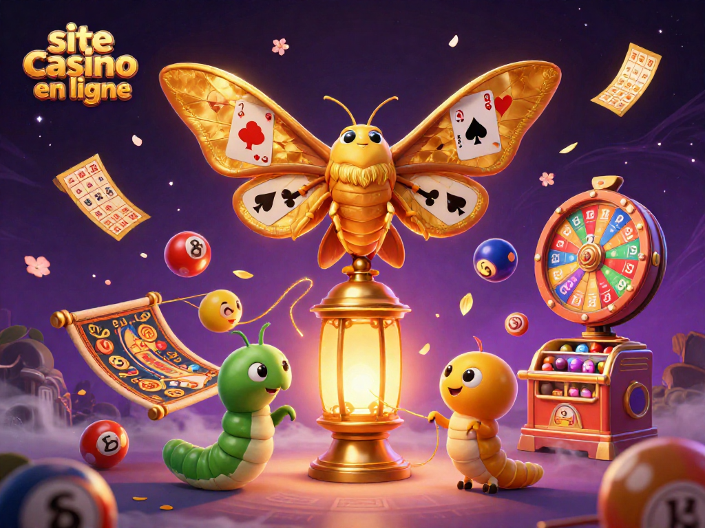 Jouez sur un site casino en ligne avec l'illustration d'un papillon atlas aux ailes dorées et éléments de loterie colorés.