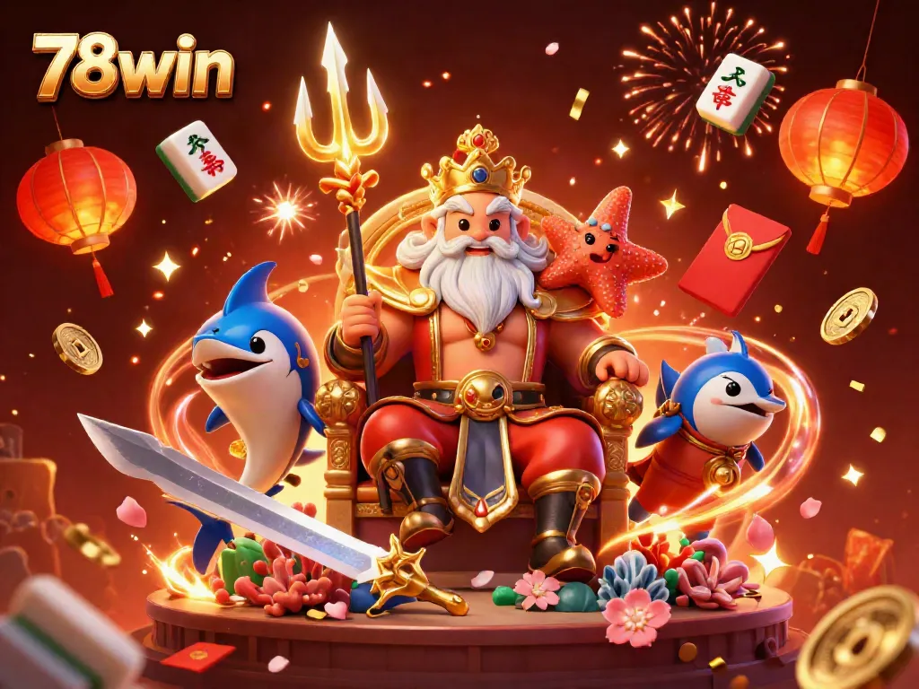 Experience the vibrant and dynamic world of 78win with Neptune and his themed casino elements in a grand illustration.