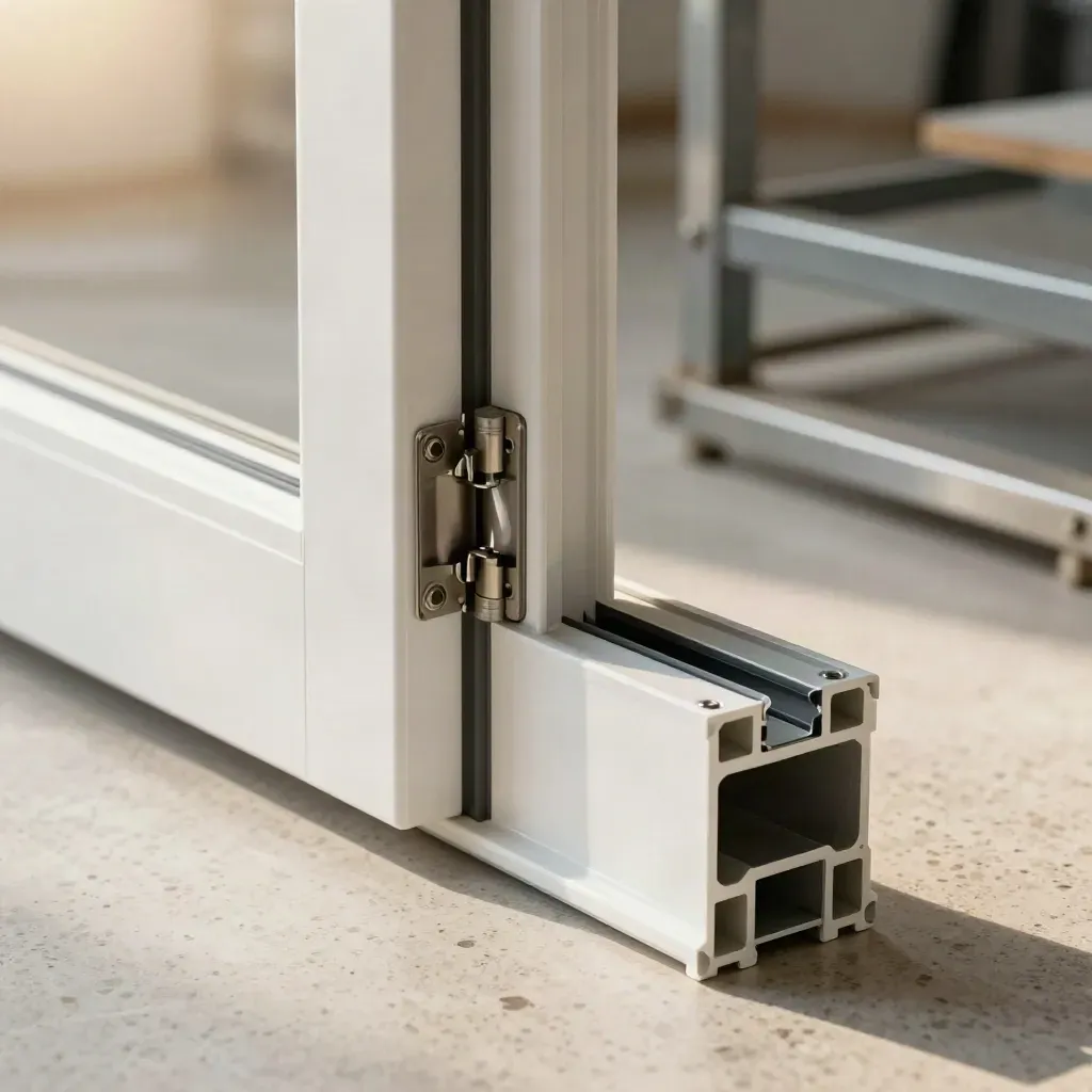 Porte PVC technique en atelier, assemblage massif, charnières graphite et renforts visibles.