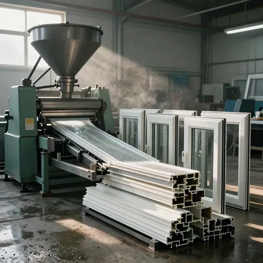 Ligne d’extrusion PVC en atelier, vapeur légère, profils blancs sortant au lever du jour.