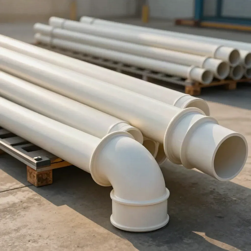 Tubes PVC industriels en cours d’empilage dans un atelier brumeux, avec coudes et manchons.