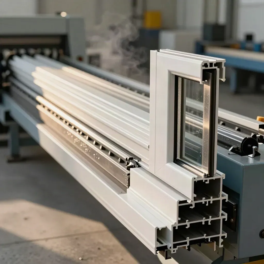 Profilés PVC de fenêtre alignés près d’une ligne d’extrusion, dans une ambiance atelier lumineuse.