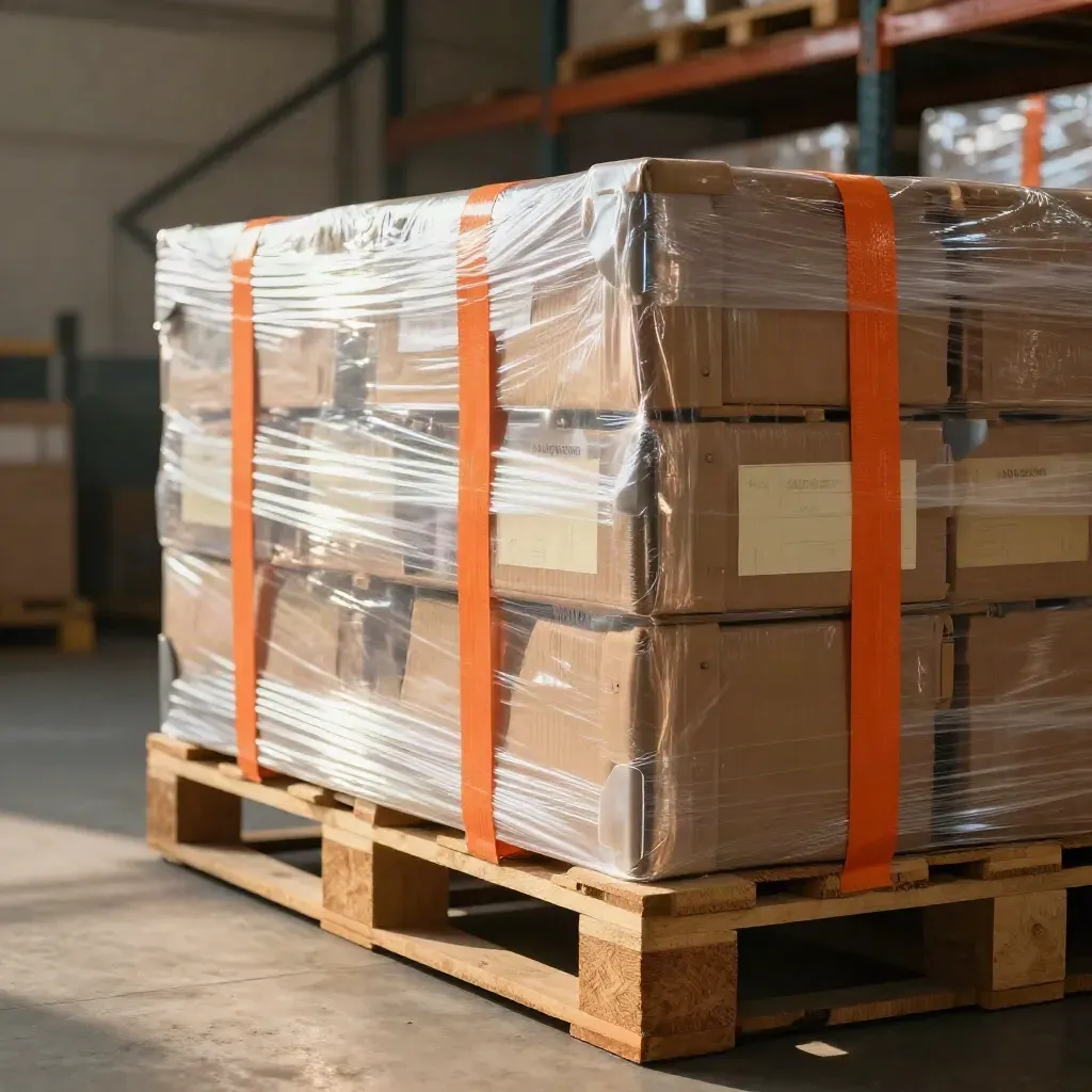 Palettes OEM emballées sous film étirable, prêtes à l’expédition dans un entrepôt lumineux.