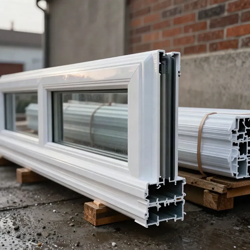 Lots de profilés PVC devant une façade humide de chantier à Lille.