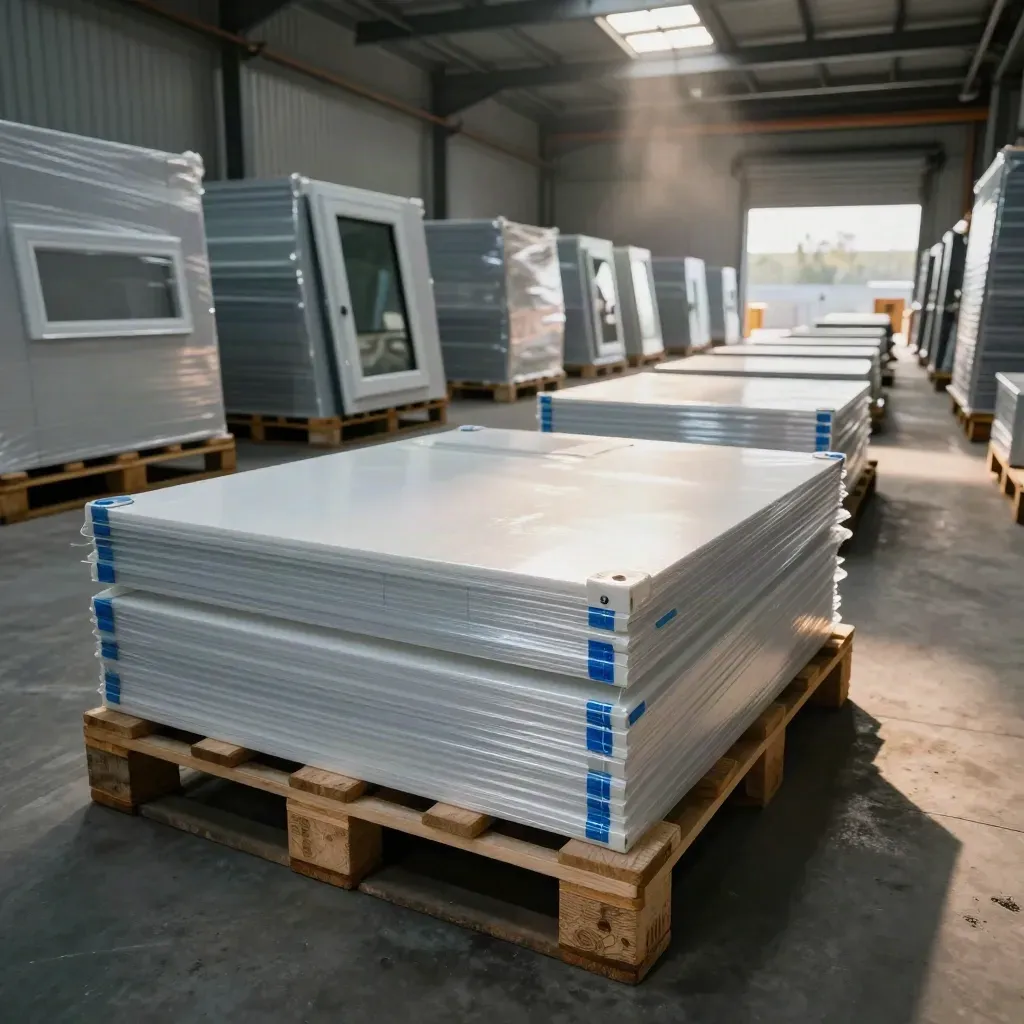 Allée d’entrepôt belge avec portes PVC finies sur palettes, lumière dramatique et poussière flottante.