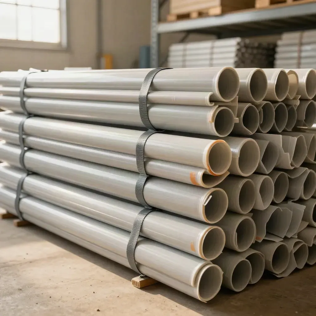 Piles de tubes PVC gris cerclés dans un entrepôt lumineux