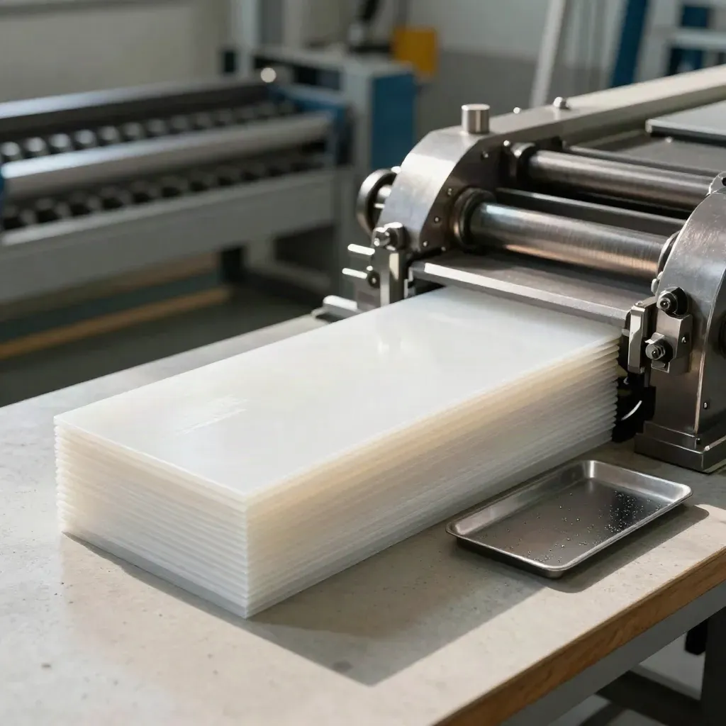 Profilé PVC blanc extrudé en série avec outillage, sur fond d’atelier industriel lumineux.