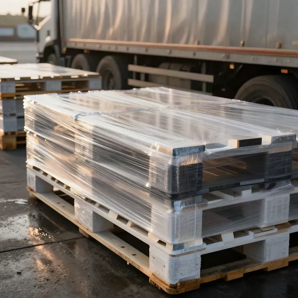 Palettes de PVC filmées au quai, camion bâché fermé et brume du matin.