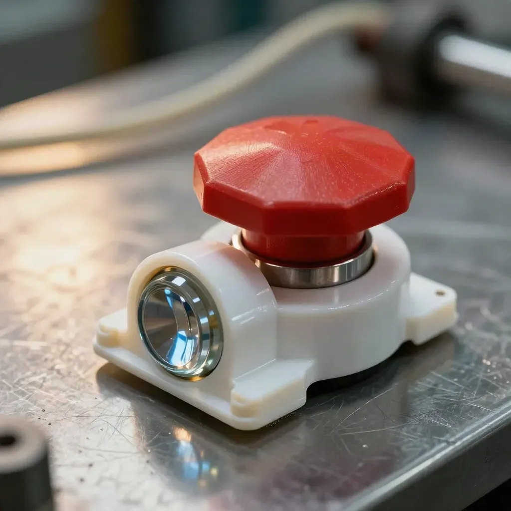 Bouton d’arrêt d’urgence, profilés PVC et voyants industriels sur table métallique.