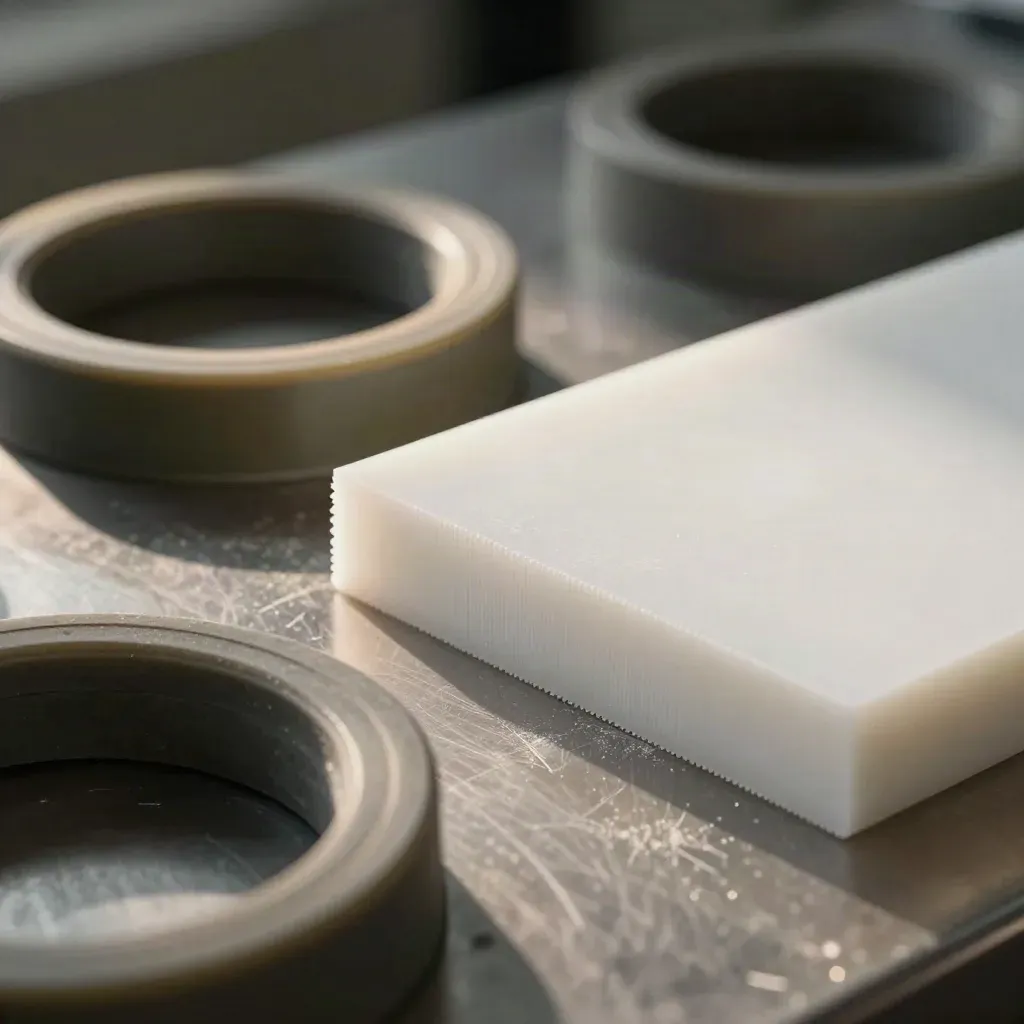 Anneaux de contrôle, coupe témoin et bloc d’essai en PVC sur un banc qualité industriel.