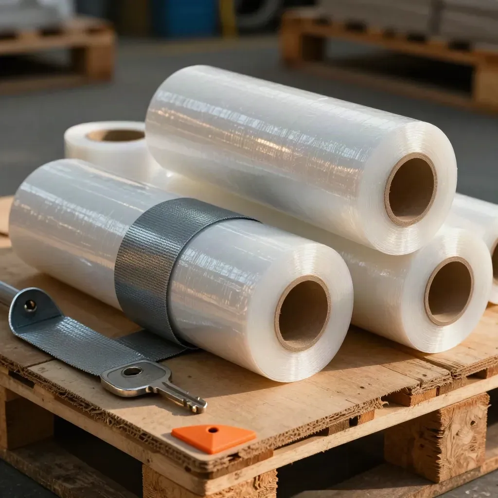 Protections d’angles en PVC, film étirable et feuillard sur palette d’emballage export.