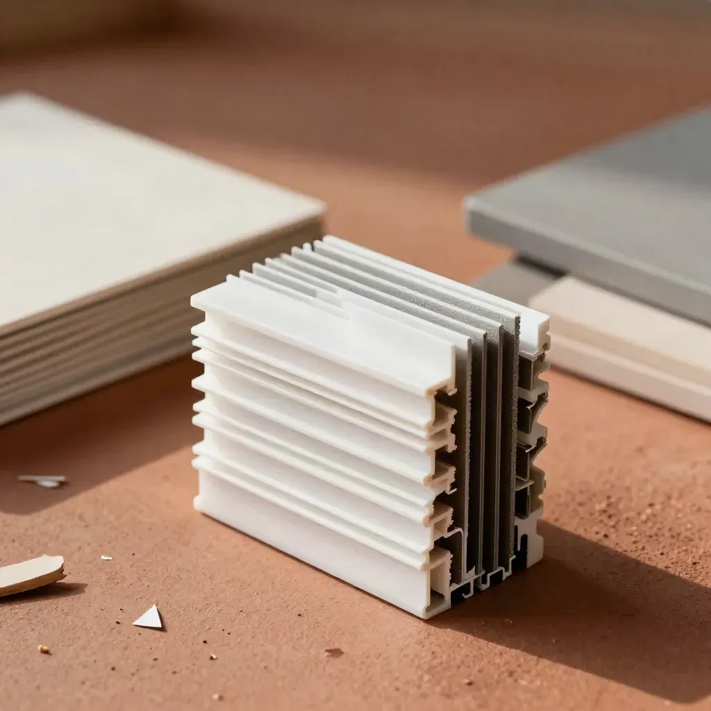 Échantillons de profils PVC blancs, boîte fermée et chutes propres sur plan terracotta.
