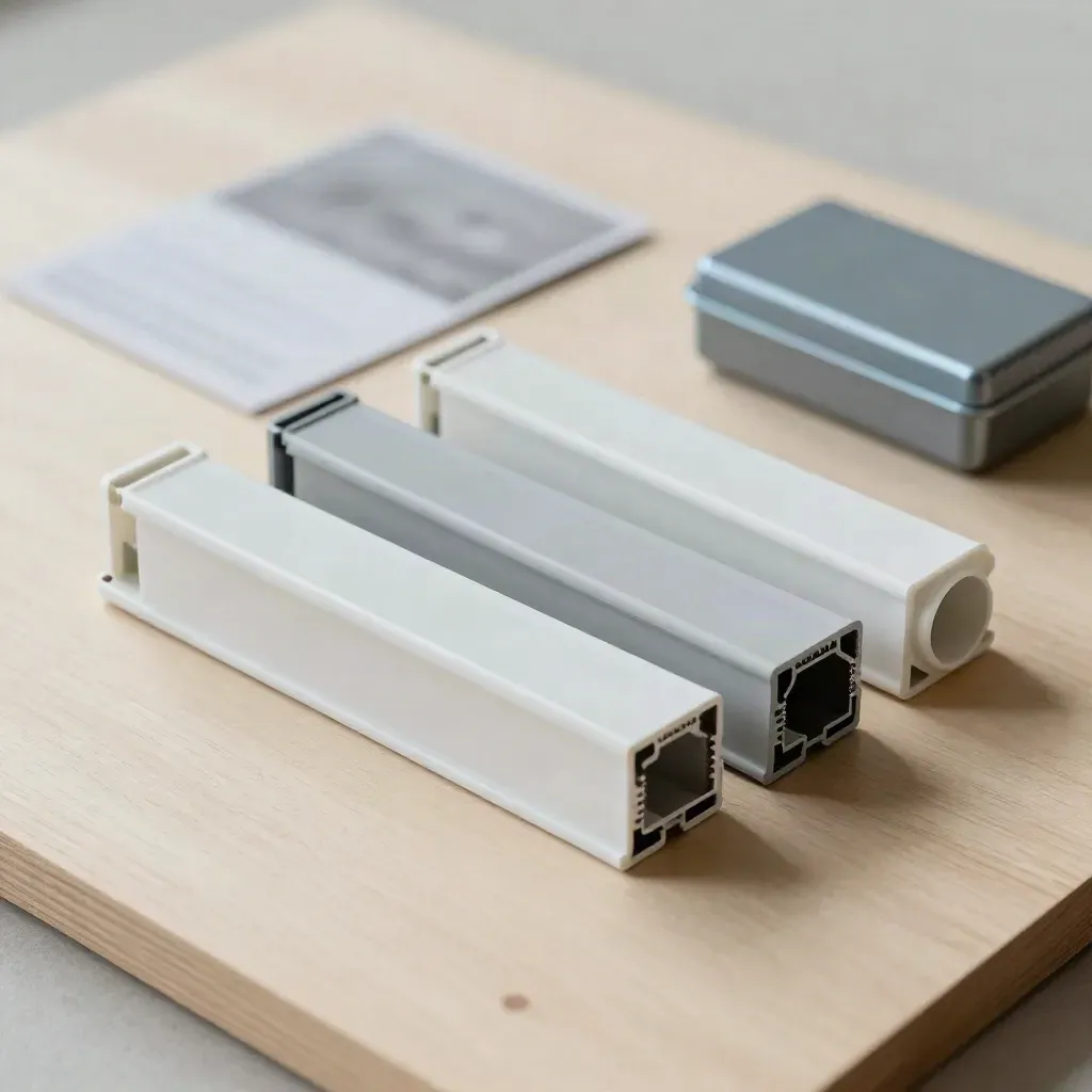 Échantillons de profils PVC, raccord blanc et boîte fermée sur bois clair, vue du dessus.